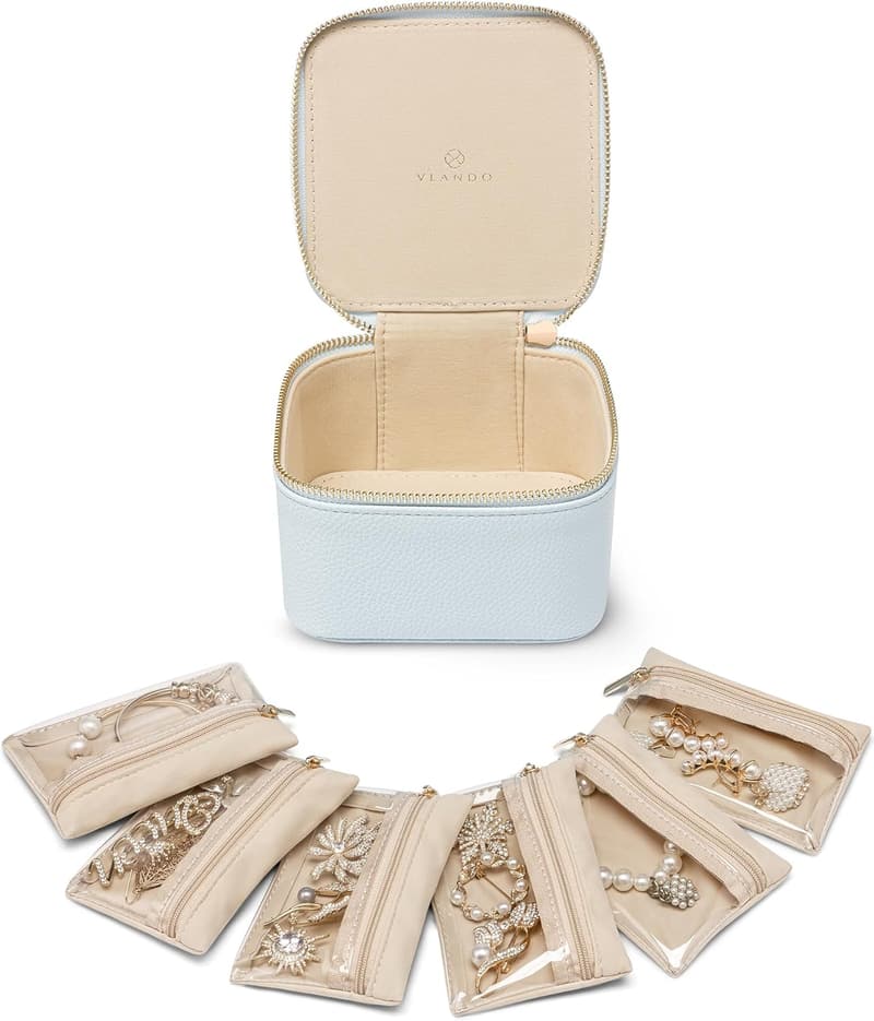 Travel Jewelry Organizer Case with 6 Velvet Pockets - Baby Blue