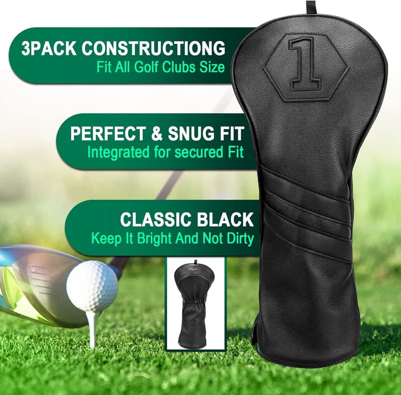 Premium Golf Headcovers Set for Woods & Drivers - Classic Black