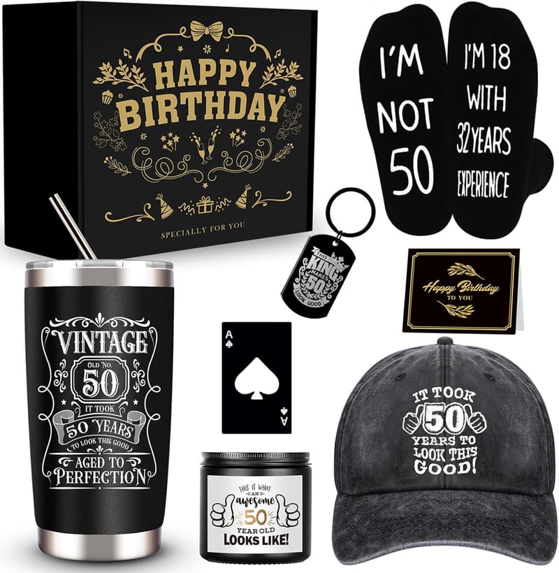 50th Birthday Gift Box for Men: Tumbler, Candle, Socks, Cap