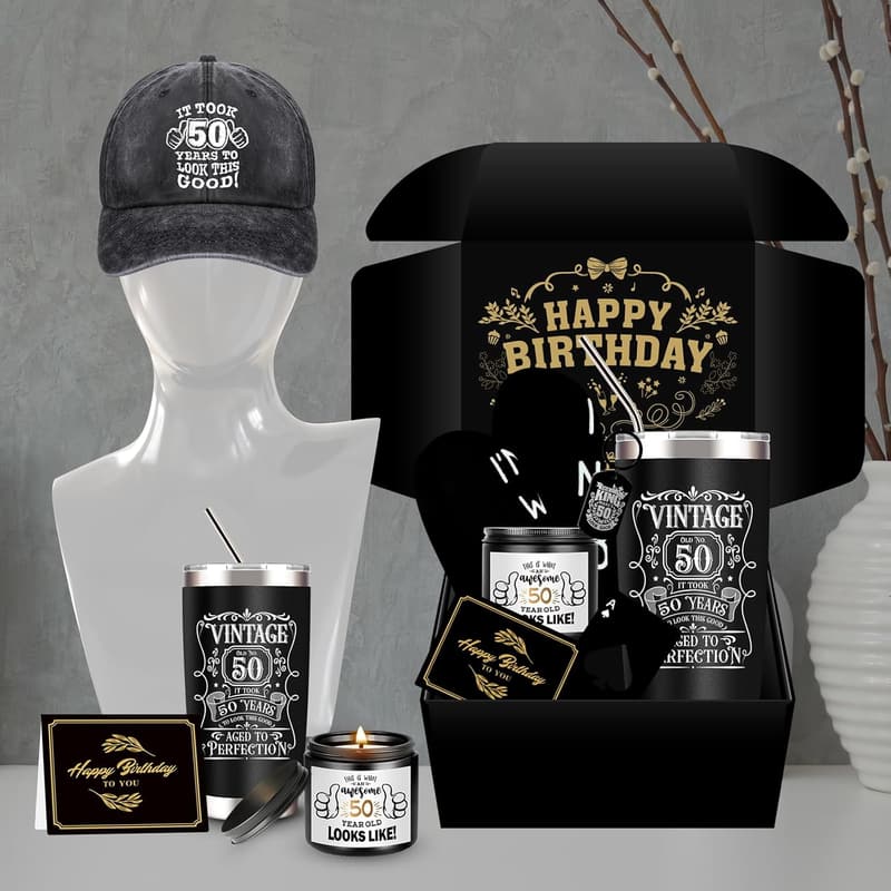 50th Birthday Gift Box for Men: Tumbler, Candle, Socks, Cap