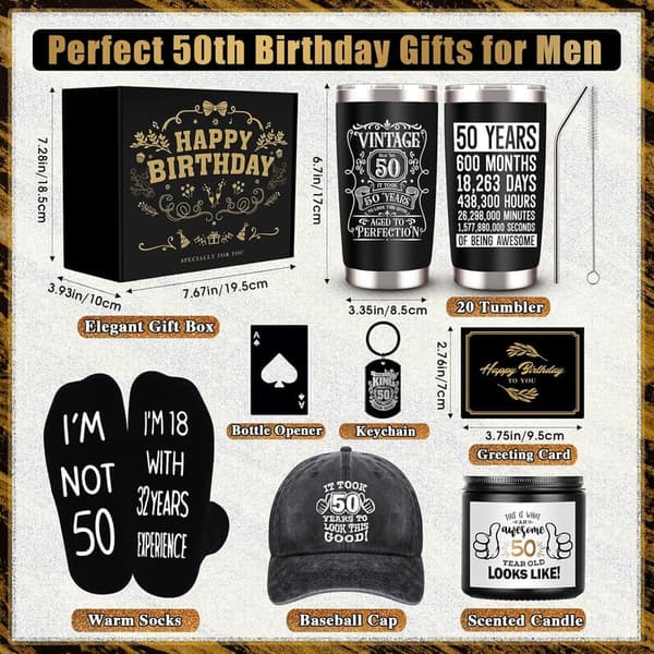 50th Birthday Gift Box for Men: Tumbler, Candle, Socks, Cap