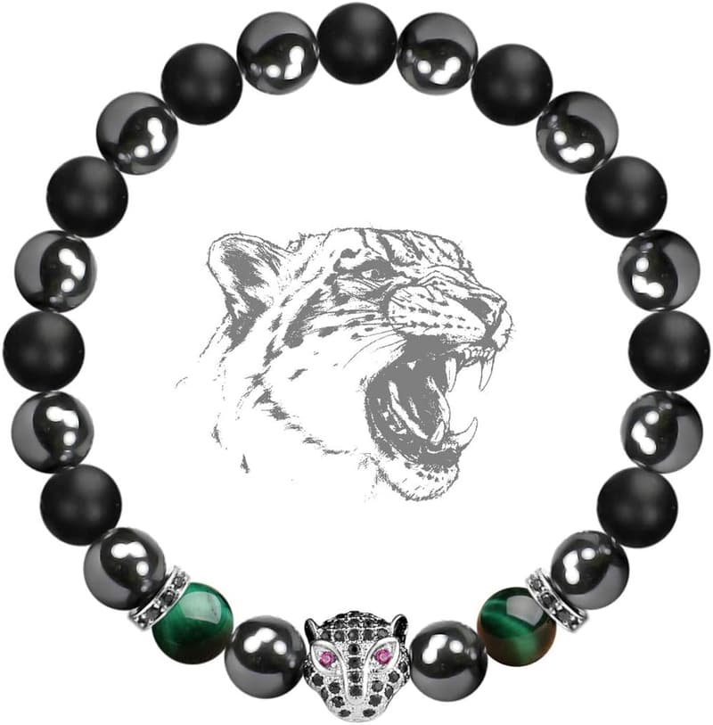 Black Panther Charm Bracelet with Natural Stone Crystals