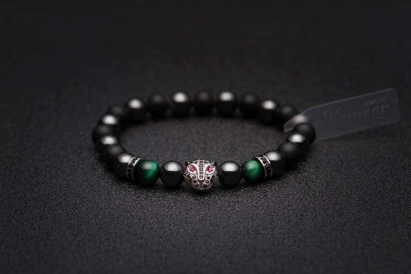 Black Panther Charm Bracelet with Natural Stone Crystals