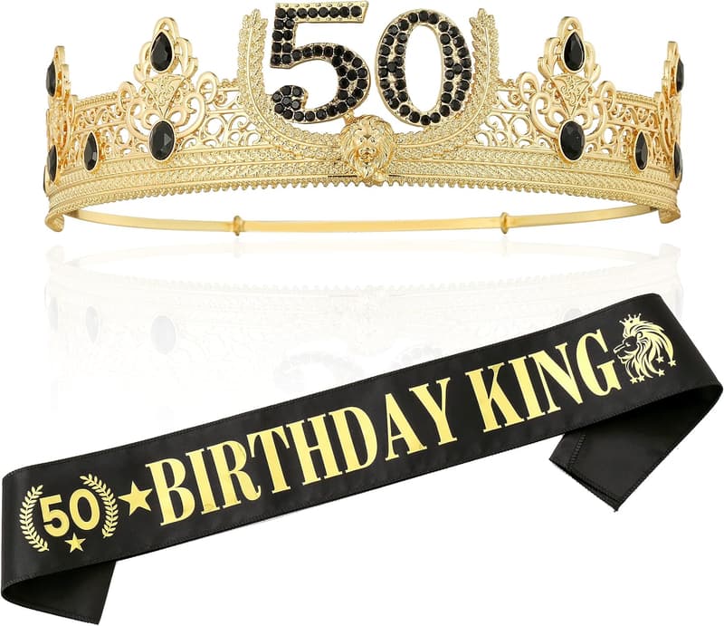 50th Birthday Gold Crown and Sash Decoration for Men