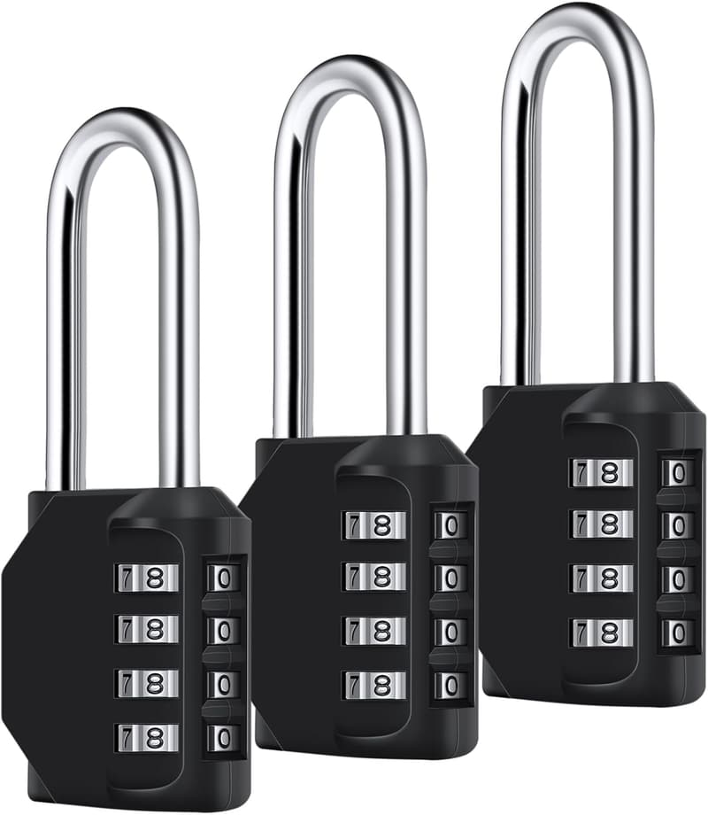 4-Digit Waterproof Combination Lock - 3 Pack, Steel, Black