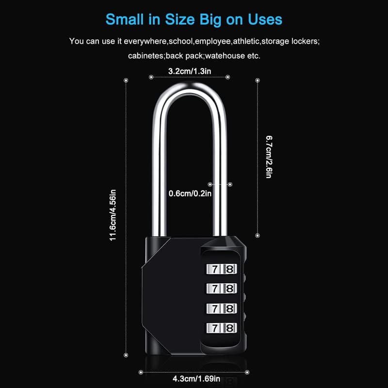 4-Digit Waterproof Combination Lock - 3 Pack, Steel, Black