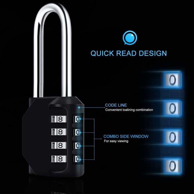 4-Digit Waterproof Combination Lock - 3 Pack, Steel, Black