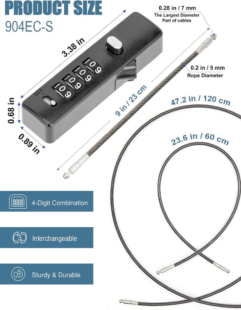 Combination Cable Locks with 3 Replaceable Cables, Gun-Grey