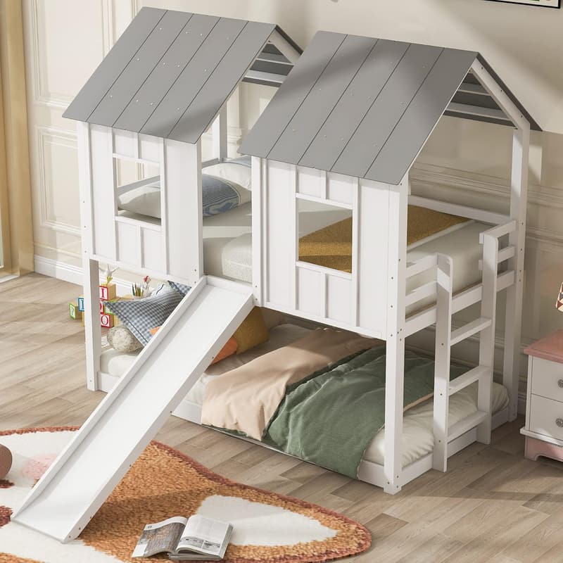 White Twin Size Wooden Bunk Bed with Windows and Guardrails