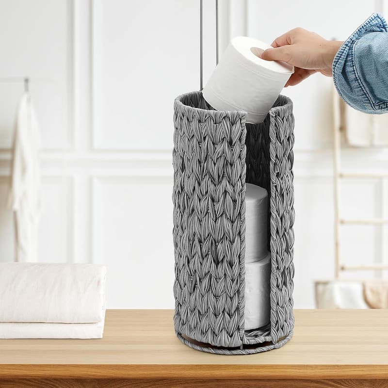 Free Standing Beige Toilet Paper Holder with Lid for 3 Rolls