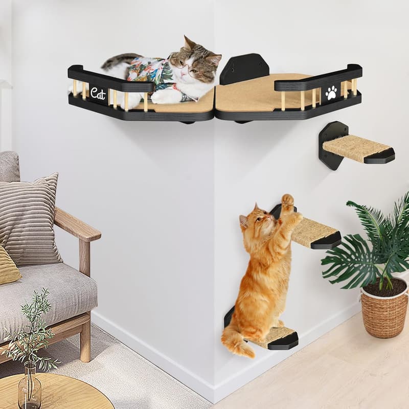 Wall-Mounted Cat Shelves with Steps & Scratching Pad - Black
