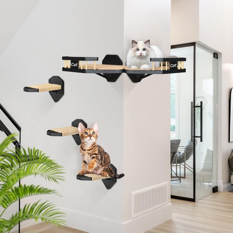 Wall-Mounted Cat Shelves with Steps & Scratching Pad - Black