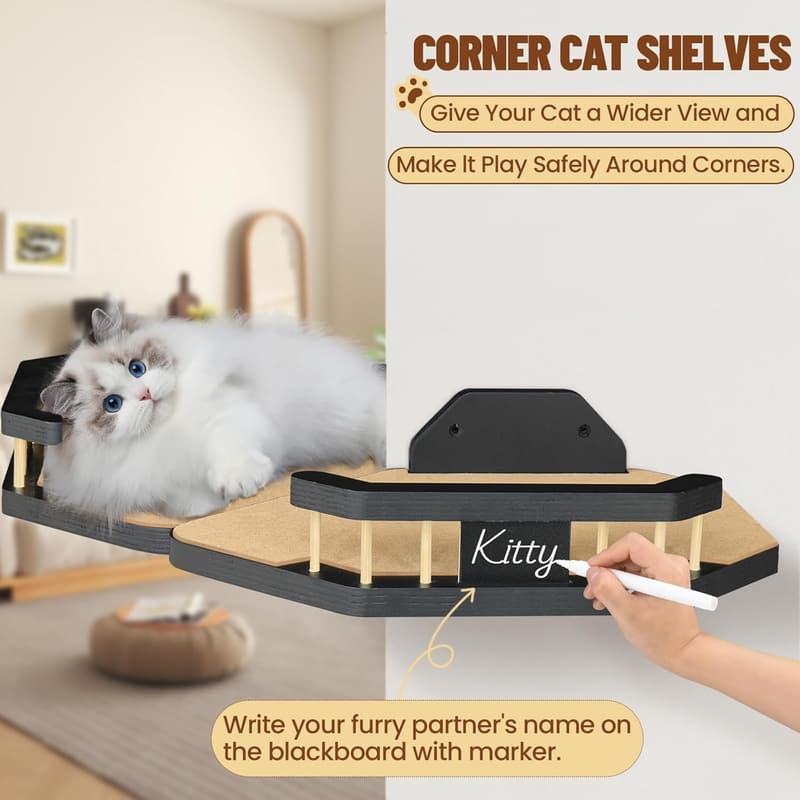 Wall-Mounted Cat Shelves with Steps & Scratching Pad - Black