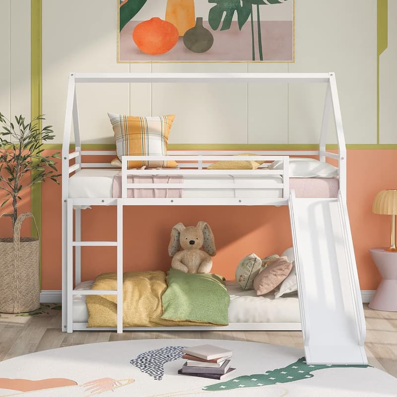 Montessori Twin Over Twin Bunk Bed with Slide & Guardrail