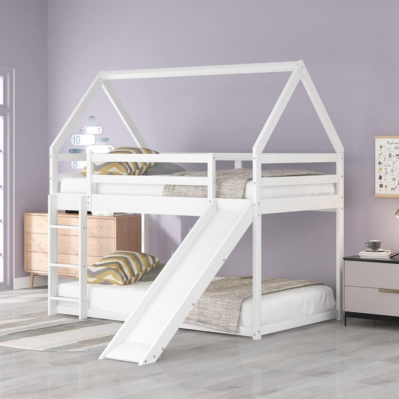 Kids Twin Bunk Bed with Slide and Roof - White Wood Design