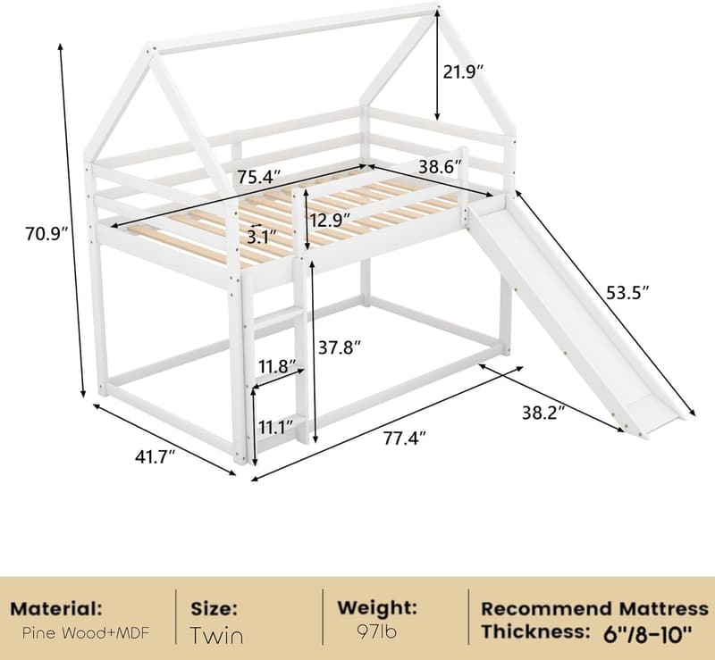 Kids Twin Bunk Bed with Slide and Roof - White Wood Design