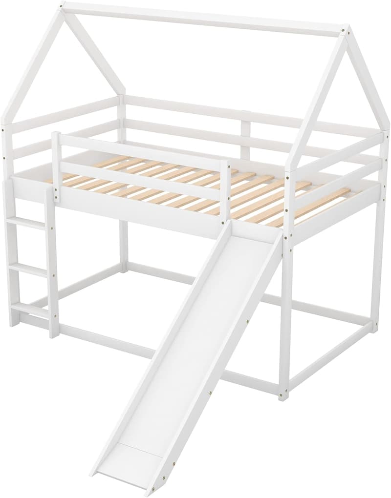 Kids Twin Bunk Bed with Slide and Roof - White Wood Design