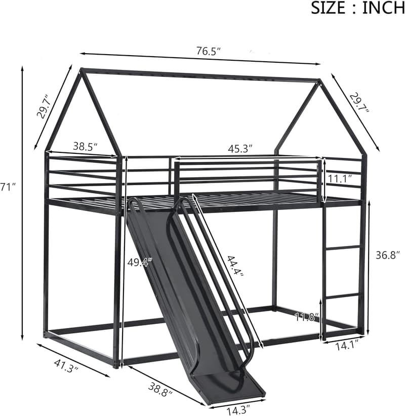 Metal Twin Bunk Bed with Slide and Guardrail - Black