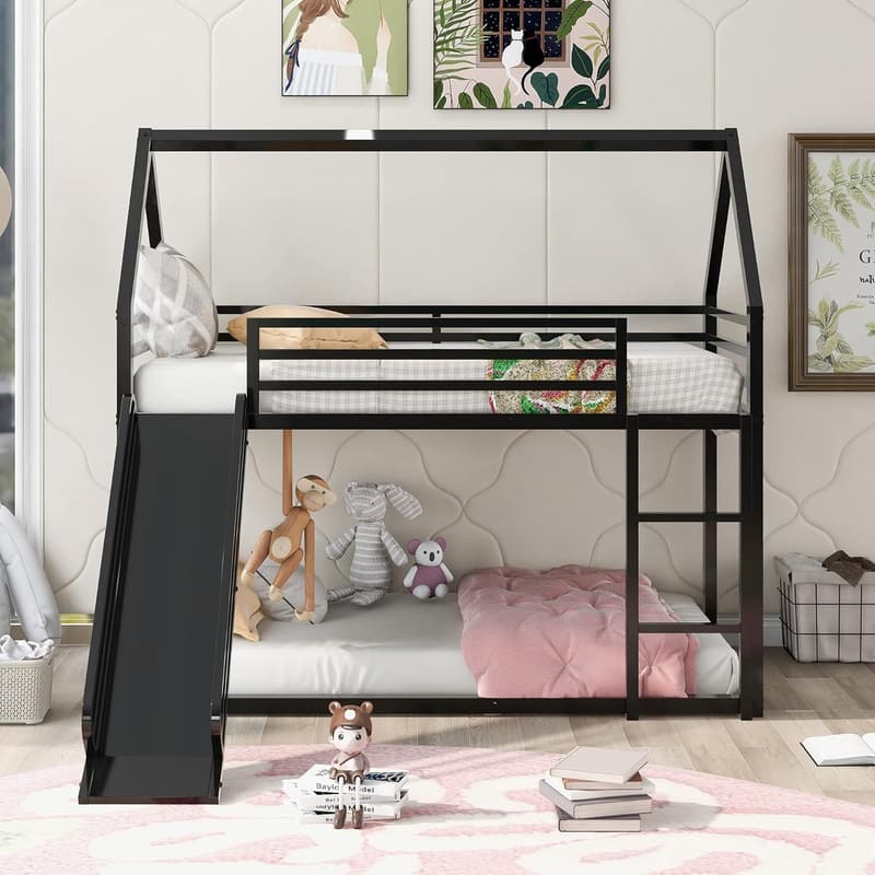 Metal Twin Bunk Bed with Slide and Guardrail - Black