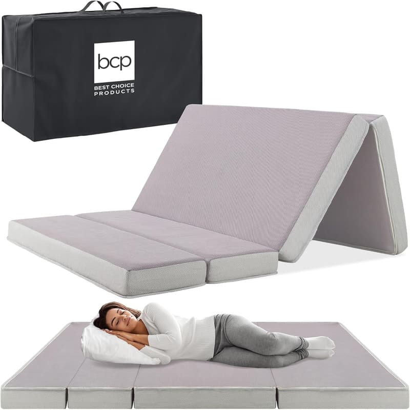 Portable Queen-Size Tri-Fold Mattress for Camping - Grey