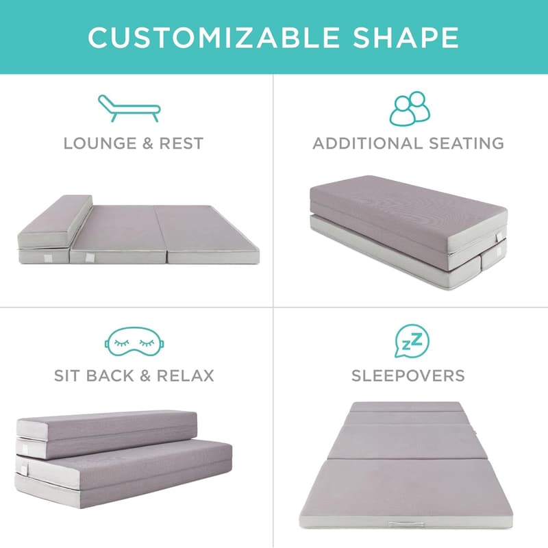 Portable Queen-Size Tri-Fold Mattress for Camping - Grey