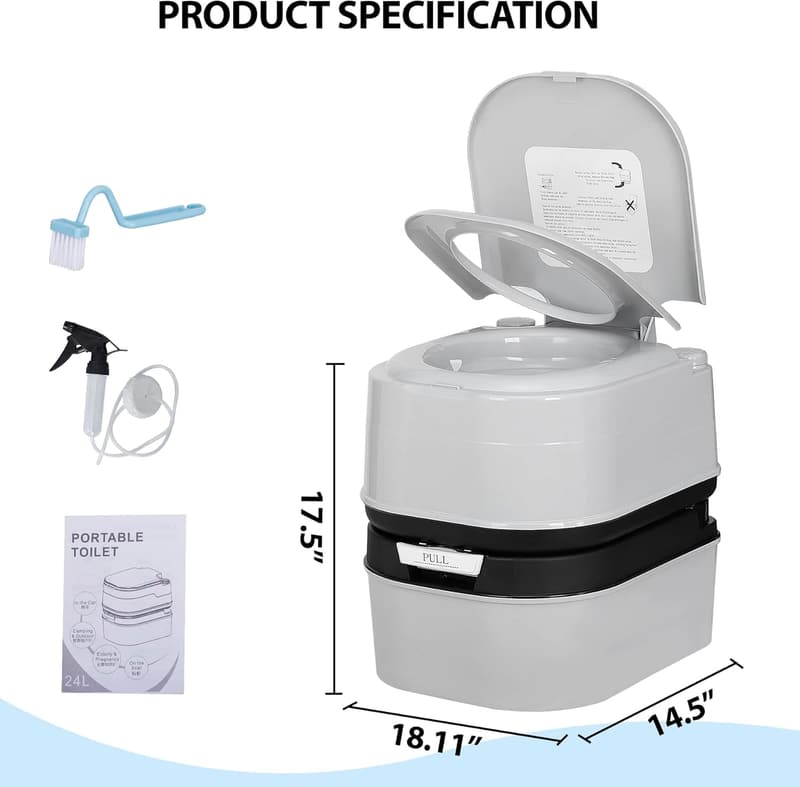 Portable Camping Toilet with Double-Outlet Seal, 6.4 Gallon