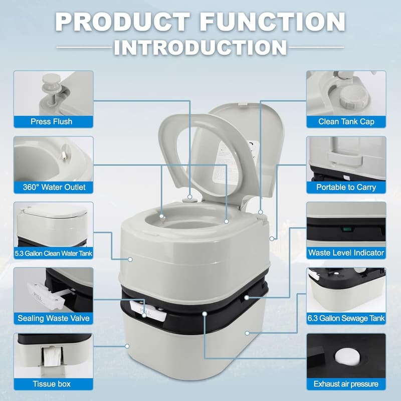 Portable 24L Camping Toilet with Piston Pump & Detachable Handle