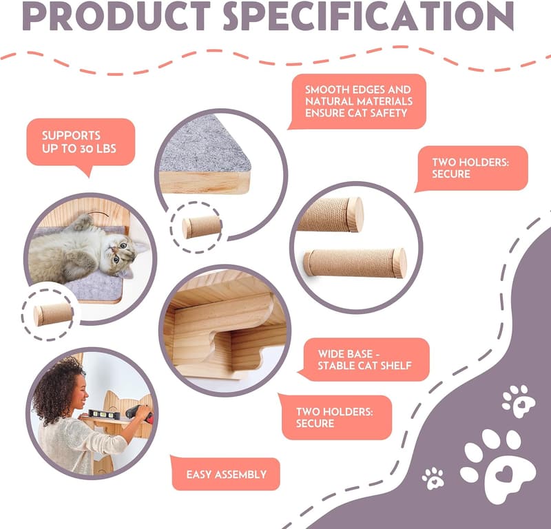 Modern Cat Wall Shelves Set of 3 – Natural Wood Perches & Steps