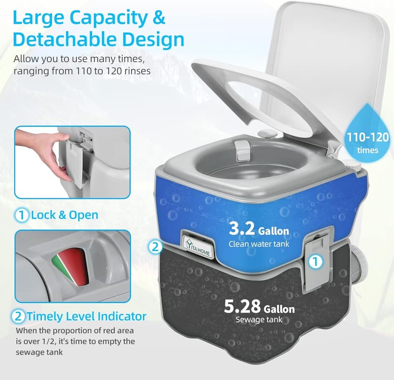 Portable Camping Toilet with Carry Bag & Hand Sprayer, 5.28 Gallon