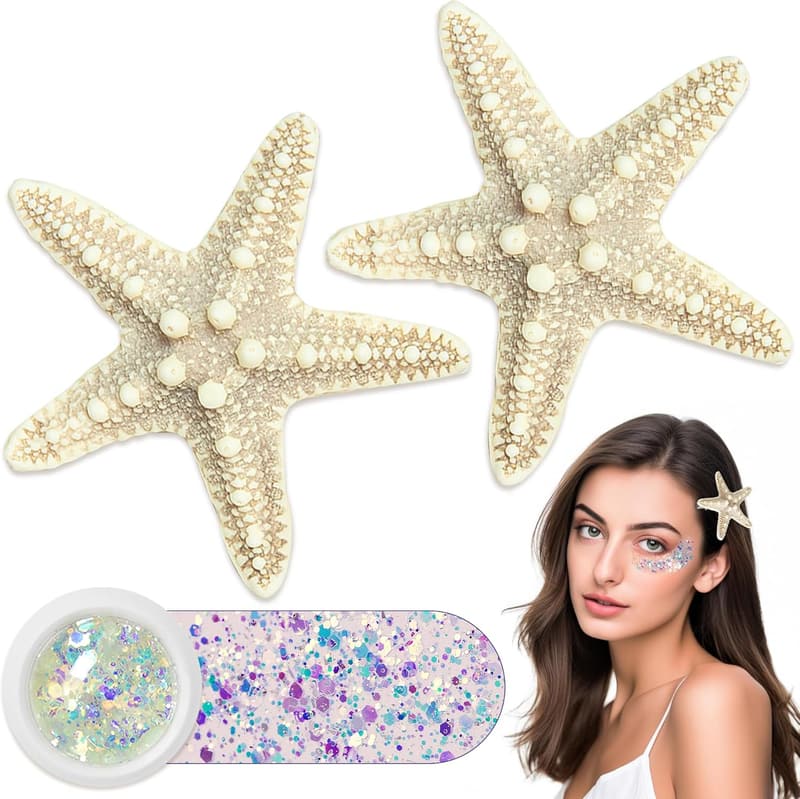 Mermaid Costume Accessories Set: Starfish Hair Clips & Glitter