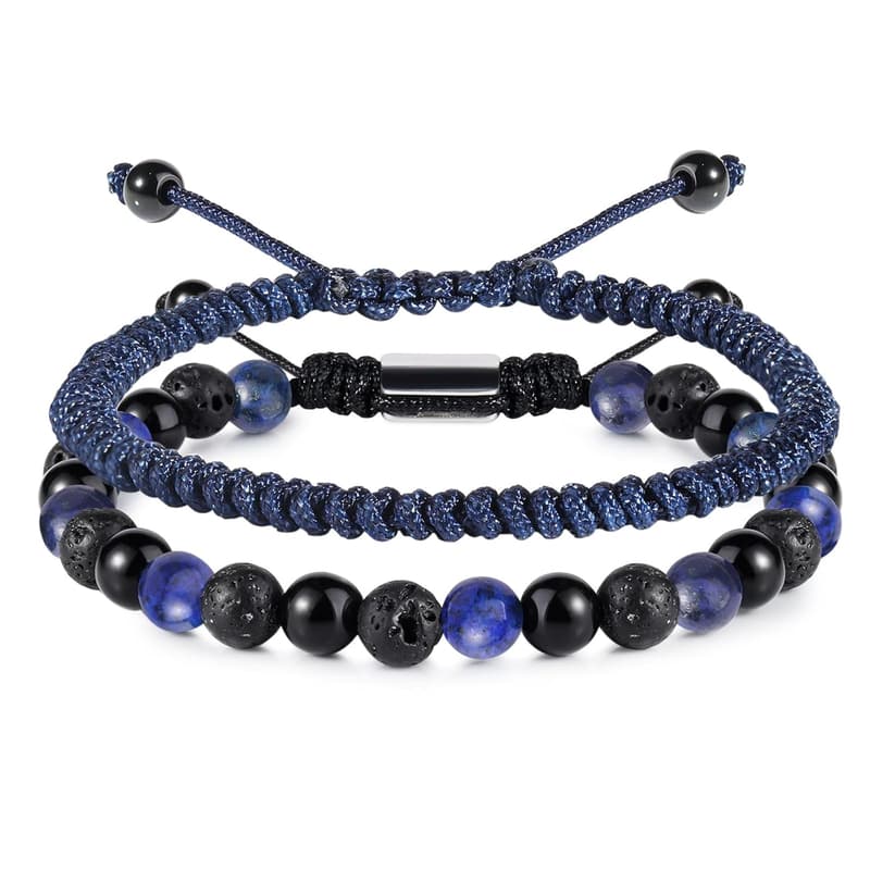 Men's Blue Beaded Bracelet Set - Lapis Lazuli and Obsidian for Him