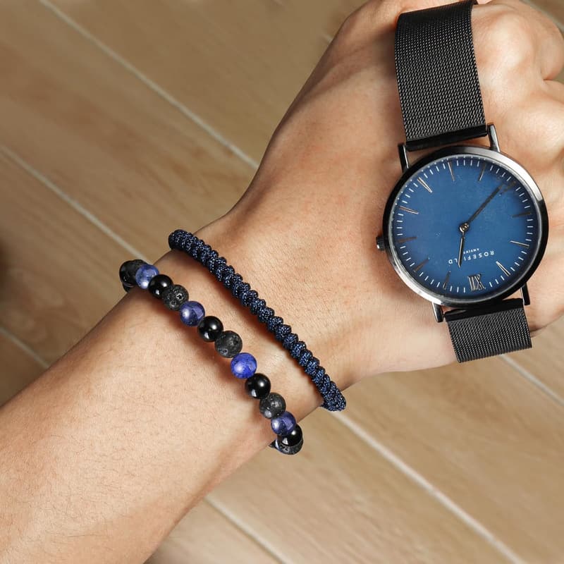 Men's Blue Beaded Bracelet Set - Lapis Lazuli and Obsidian for Him
