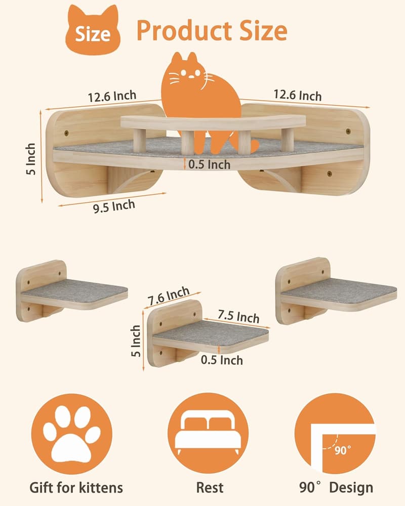 Wall-Mounted Cat Climbing Shelf with 3 Steps - Modern Design