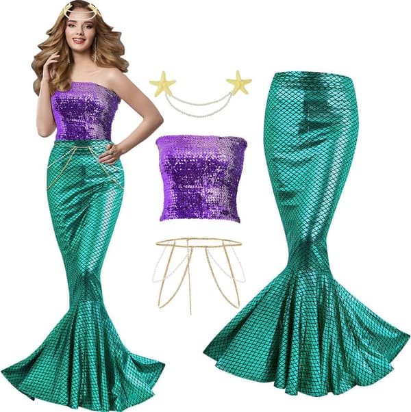 Halloween Mermaid Costume Set for Women - Sequin Top, Skirt & Accessories