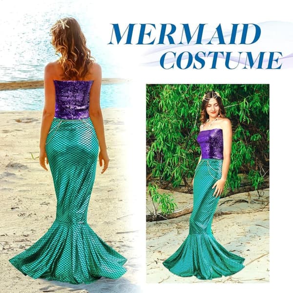 Halloween Mermaid Costume Set for Women - Sequin Top, Skirt & Accessories