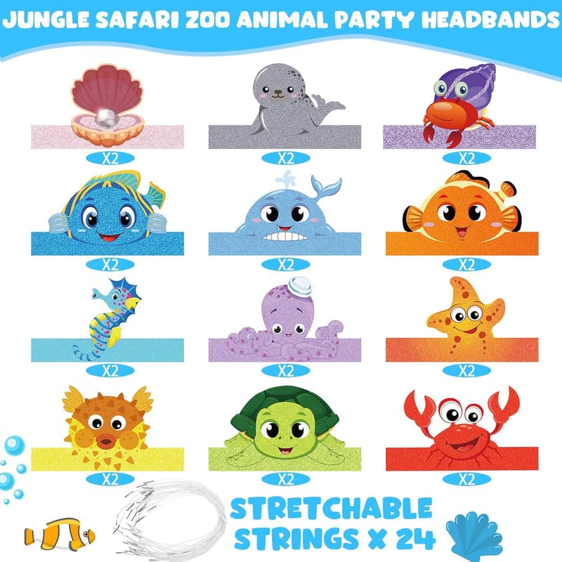 Under the Sea Birthday Party Hats - 24 Sea Animal Crowns for Kids