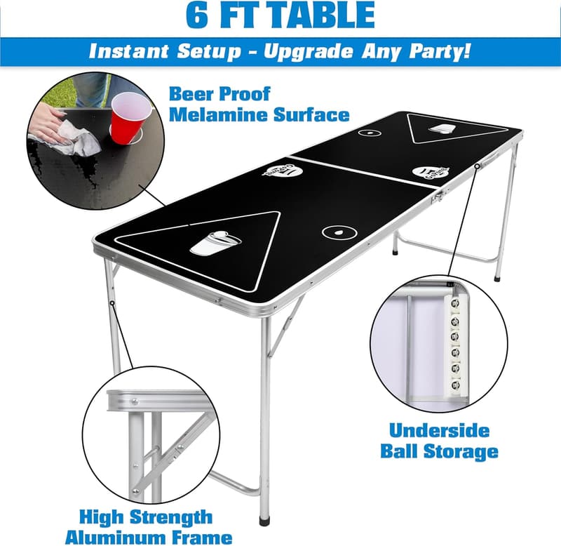 Portable 6-Foot Beer Pong Table with 6 Balls Included