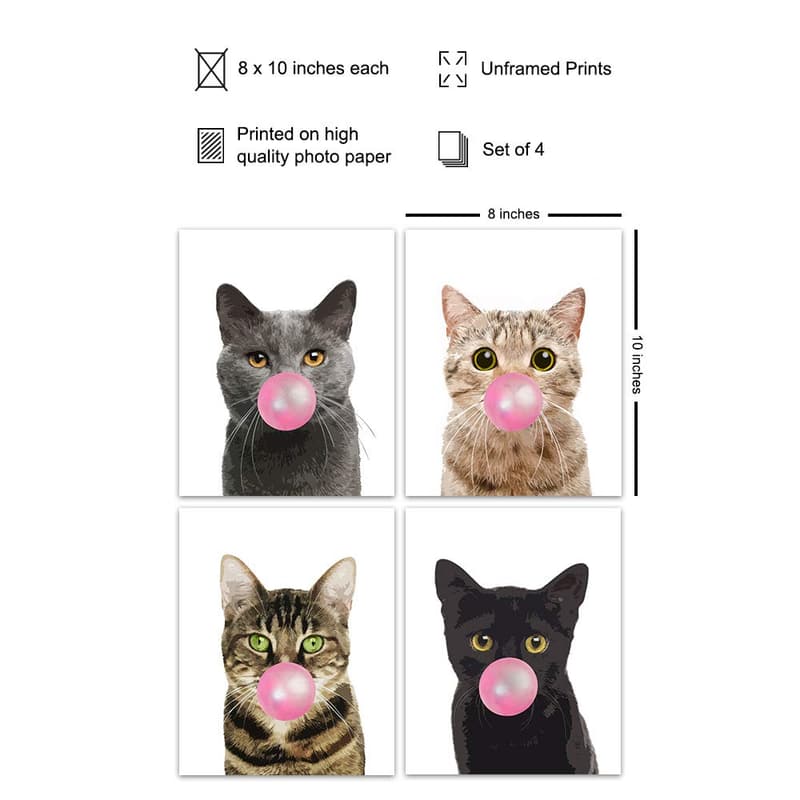Cat Wall Art Set - Cute Kitten Decor for Cat Lovers - 8x10 Posters