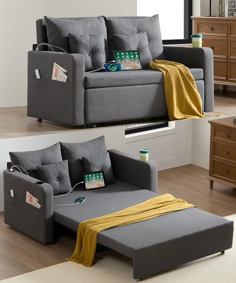 Convertible Sleeper Sofa with Cup Holders & USB - Dark Grey