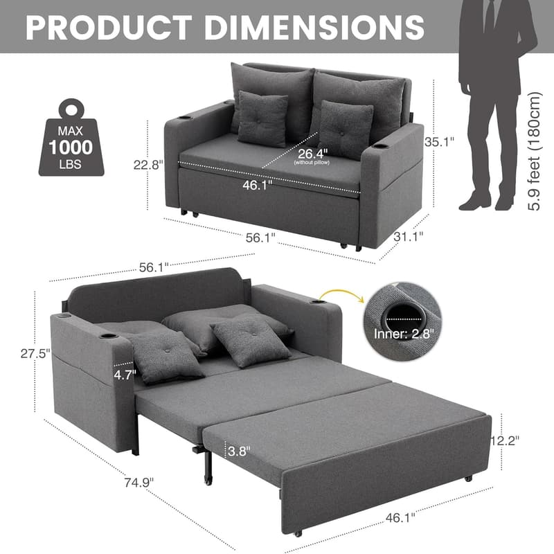 Convertible Sleeper Sofa with Cup Holders & USB - Dark Grey
