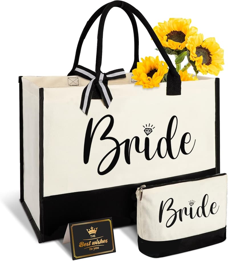 Bride Gifts Canvas Tote Bag with Makeup Bag, Wedding Gift Set