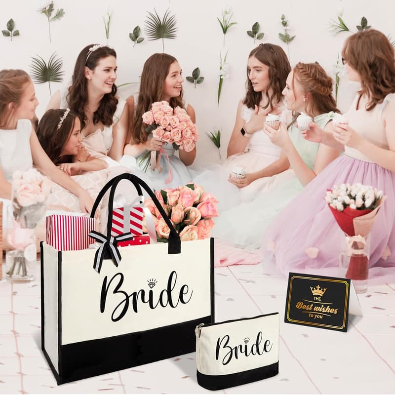 Bride Gifts Canvas Tote Bag with Makeup Bag, Wedding Gift Set