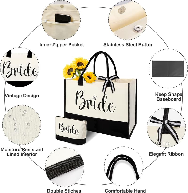 Bride Gifts Canvas Tote Bag with Makeup Bag, Wedding Gift Set