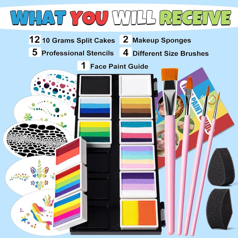 Professional Face Painting Kit with Stencils - 12 Color Non-Toxic Palette
