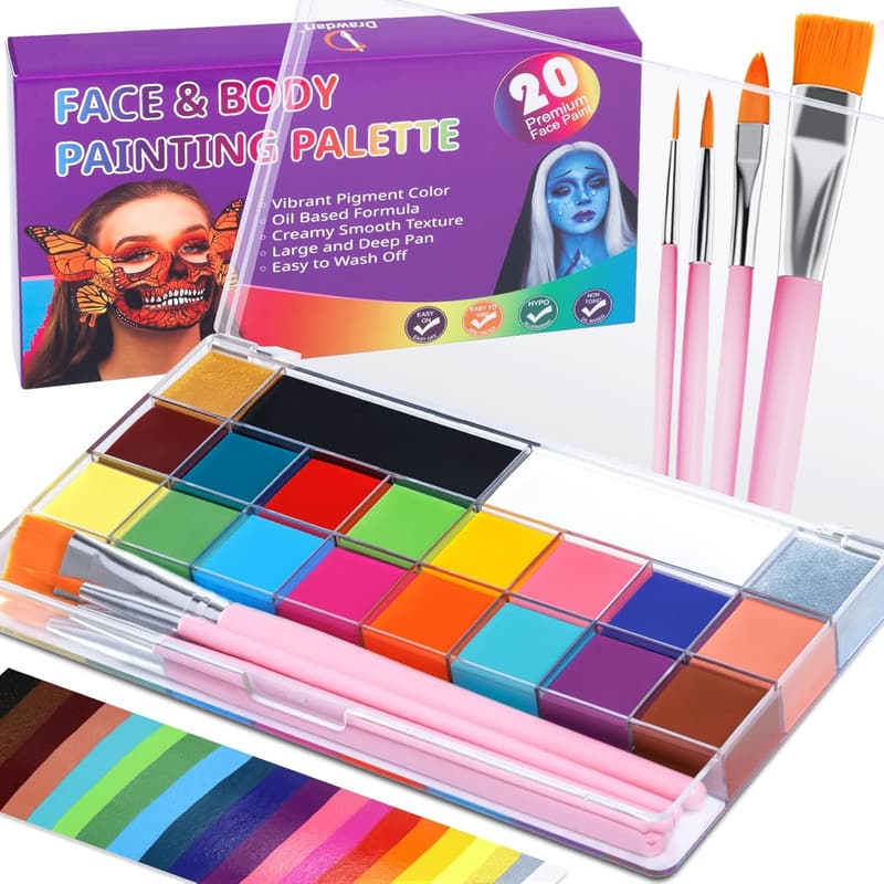 20-Color Face & Body Paint Kit with 4 Brushes for Halloween Cosplay