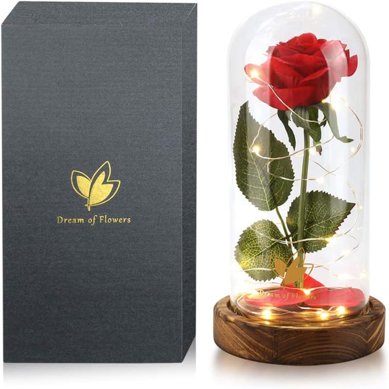 Eternal Rose in Glass Dome with LED Lights for Mother's Day