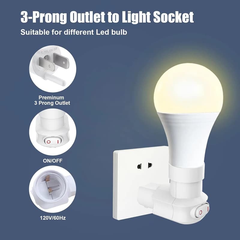 360° Rotatable Light Socket Adapter with On/Off Switch (2-Pack)