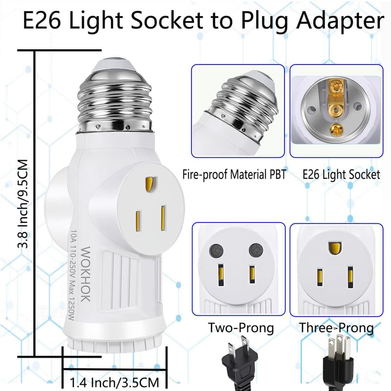 E26 Light Socket to 2/3-Prong Outlet Adapter - 3 Pack