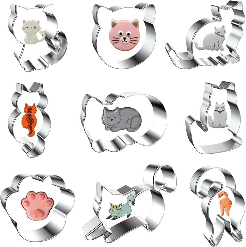 Cat Cookie Cutters Set - 9 Assorted Metal Shapes for Baking