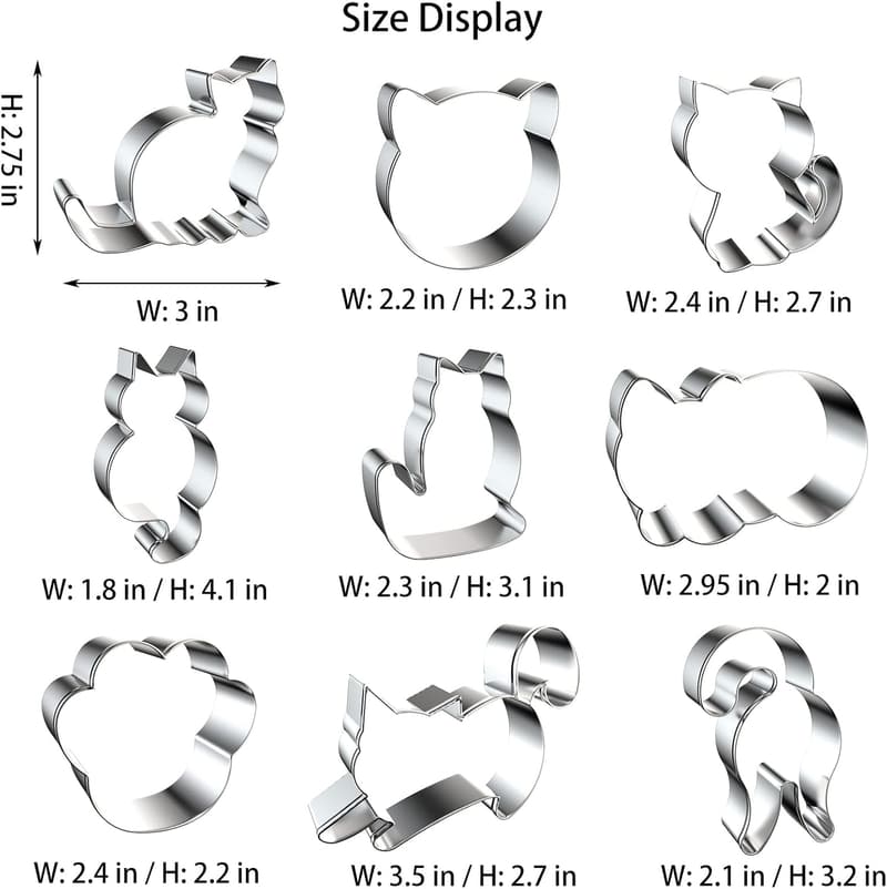 Cat Cookie Cutters Set - 9 Assorted Metal Shapes for Baking